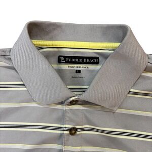 PEBBLE BEACH Mens Large Gray Striped Performance Golf Polo Short Sleeve Shirt